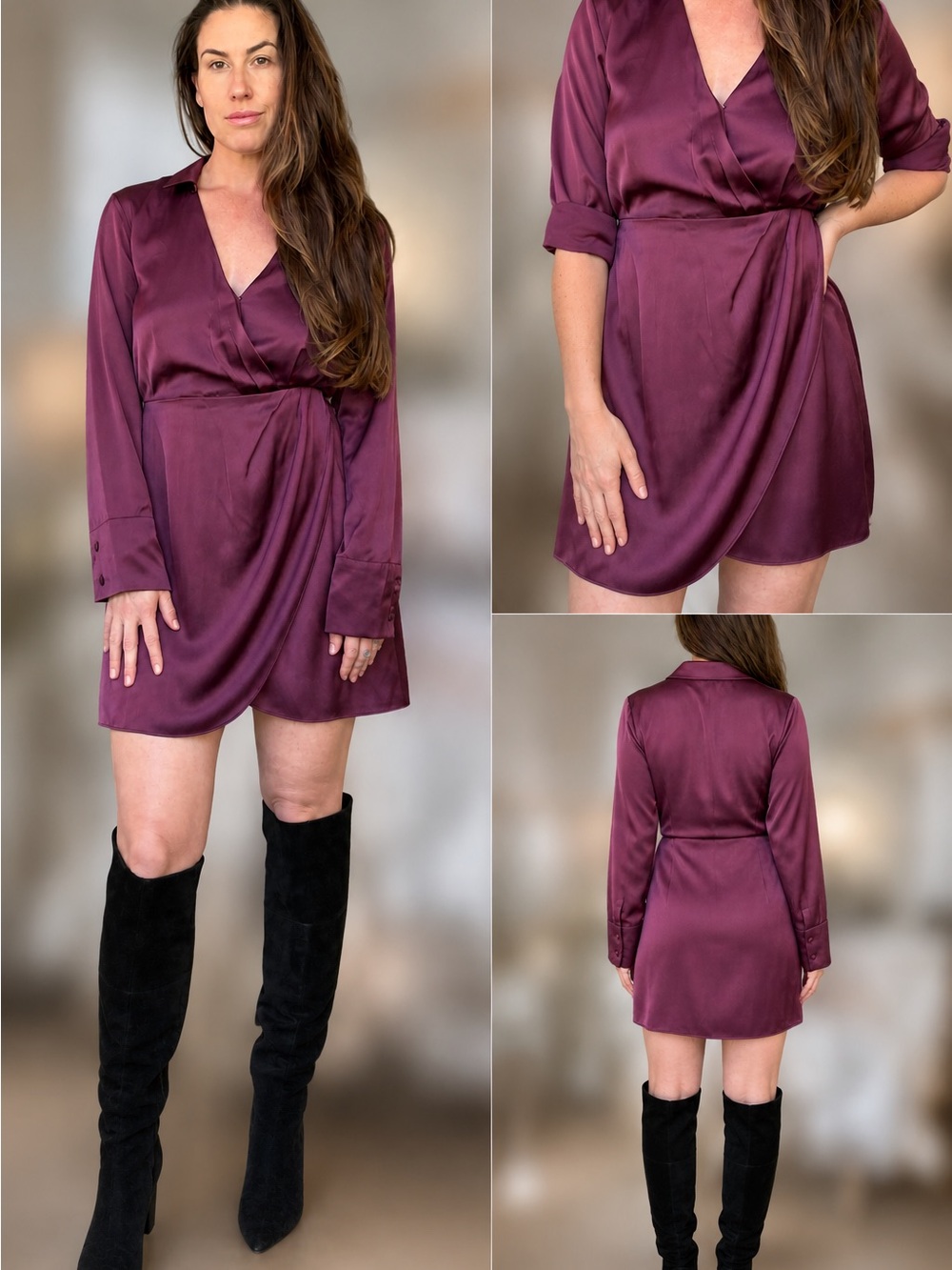 Abercrombie & Fitch Satin Wrap Mini Dress in Plum